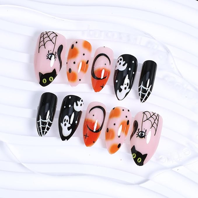24Pcs Halloween Press on Nails Short Pointed Fake Nails with Cute Ghost Pumpkin Spider Web Design Cat Nail Tips False Nails Full Cover Artificial Glue on Nails Black Star Stick on Nail for Women DIY