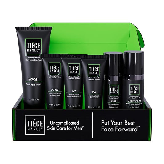 Tiege Hanley Skin Care Set for Men, Anti Aging Routine, System Level 3, Daily Face Wash, Facial Scrub, Two Moisturizers, Eye Cream, and Serum for Healthy, Hydrated Skin, Men’s Skin Care, 6 Piece Kit