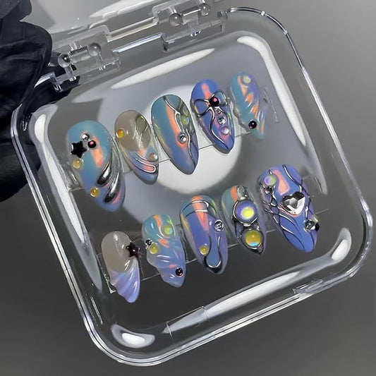 24Pcs French Tip Press on Nails Medium Almond Fake Nails 3D Star Heart Charms Rhinestones Glitter Y2k Designs Laser Chrome Nails Glue on Nails Gradient Purple False Nails for Women Girls Acrylic Nails