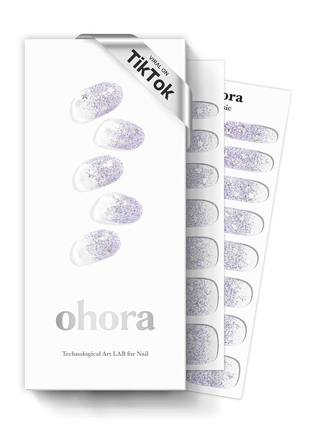 ohora Semi Cured Gel Nail Strips (N Shooting Star) - Purple, Glitter, Works with Any UV/LED Lamps, Salon-Quality, Long Lasting, Easy to Apply & Remove - Includes 2 Prep Pads, Nail File & Wooden Stick