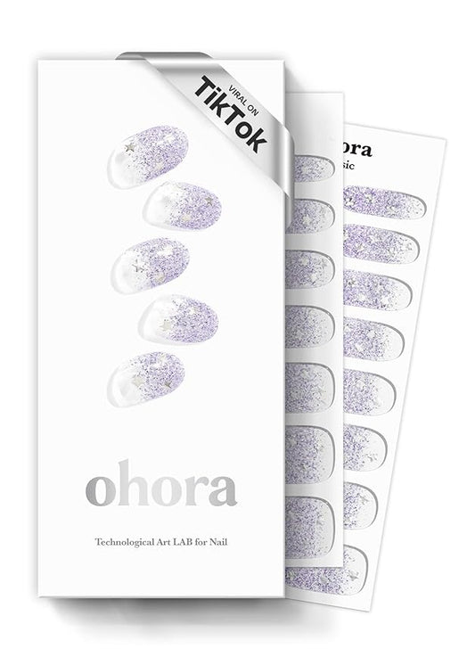 ohora Semi Cured Gel Nail Strips (N Shooting Star) - Purple, Glitter, Works with Any UV/LED Lamps, Salon-Quality, Long Lasting, Easy to Apply & Remove - Includes 2 Prep Pads, Nail File & Wooden Stick