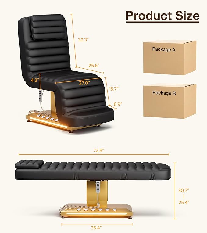 Paddie Professional Fully Electric Spa Chair, 3 Motor Esthetician Spa Bed with LED Light, Motorized Height & Angle Adjustable for Facial & Medical, 550lbs Capacity, Black