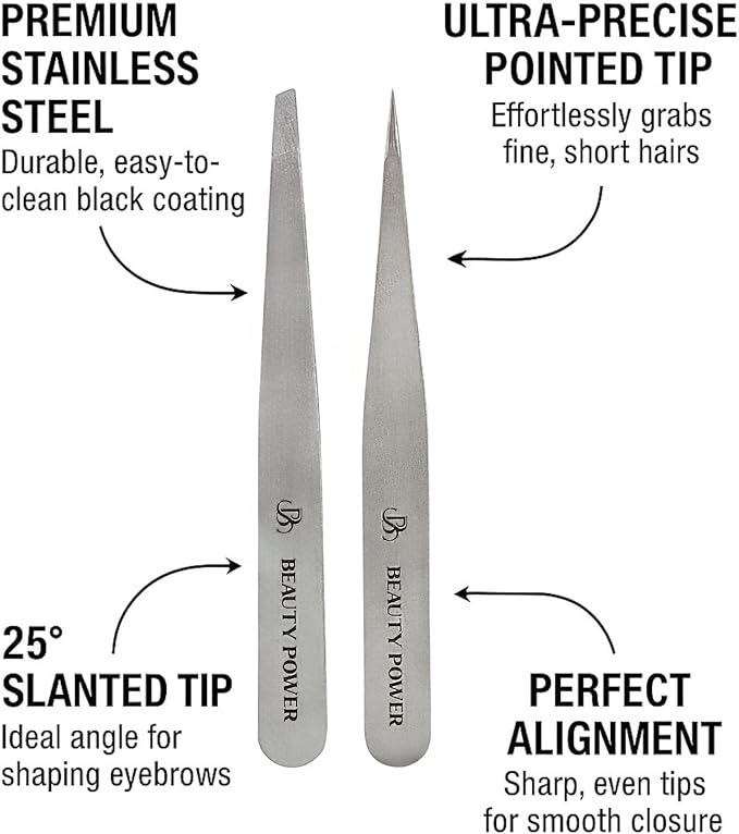 Professional Tweezers Set – Slant & Point, Ultra Precision German Stainless Steel Tweezers for Eyebrows, Chin, Ingrown Hair & Facial Grooming – Lightweight with Travel Case (Matte Grey)
