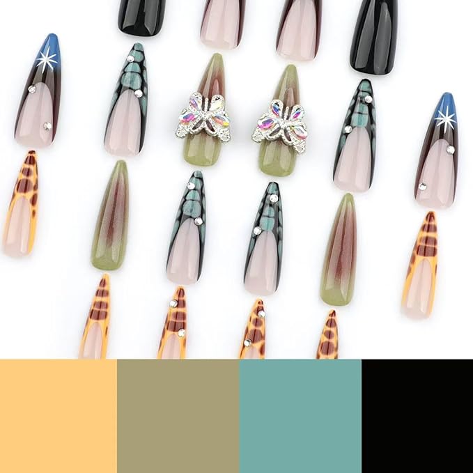 Long Press on Nails French Tip Fake Nails Stiletto False Nails Ombre with Rhinestone Butterfly Design Glue on Nails Glossy Acrylic Artificial Nail for Women 24 Pcs