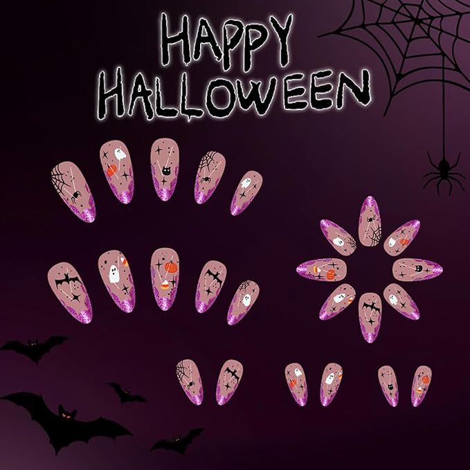 Halloween Press on Nails Medium Length Fake Nails Purple False Nails Spider Ghost Pumpkin Star Spider Web Bat Design French Tips Stick on Nail for Women Decoration Holiday Manicure Supplies