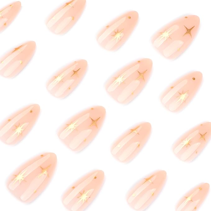 Nude Pink Almond Press On Nails Short, cute Fake Nails with Gold Star & Dot Detail, Glossy Gel Finish Acrylic Nails, Reusable Glue On Nail Kit for Women, Trendy Star Design False Nail, 24Pcs
