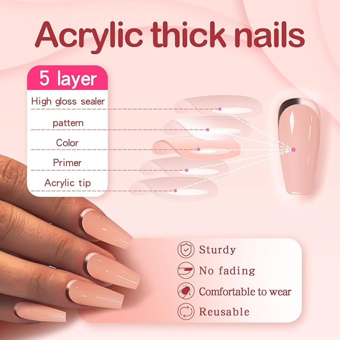 Yivaiks Pink Press on French Tip Nails Coffin Nails Press ons Fake Nails with Glue on Nails Acrylic Stick on False Nail Tips Kit 24pcs