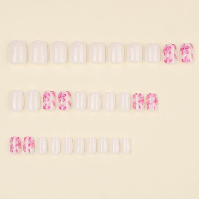 White Press On Nails Square Short, Pink Flower Fake Nails with 3D Floral Design, Glossy Finish Reusable Acrylic Nails, Natural Glue On Nails Kit for Women, 24Pcs