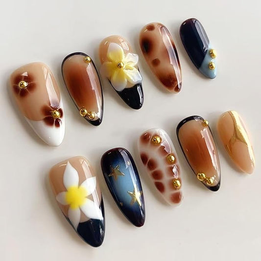 Black French Tip Press on Nails Medium Almond Fake Nails 3D Glitter Gold Beads Design Fall Flower False Nails French Tip Star Acrylic Nails Brown Glossy Glue on Nail for Women Manicure 24Pcs