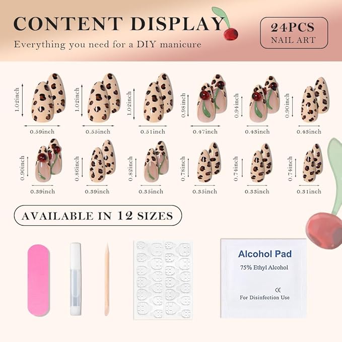 Handmade 3D Cherry Leopard Print Press On Nails Medium Almond, Cheetah French Tip Designer Reusable Acrylic Fake Nails With Glue On Nail, Nails Press Ons Daily Wear False Nails For Women