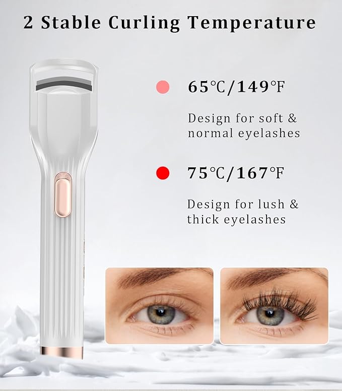 Heated Eyelash Curler Premium PRO - Fast Heat up in 8s - 24 Hours Long Lasting - Rechargeable Electric Eyelash Curler with Type-C, 2 Heat Modes, Anti-Burn Eyelid, Gift for Women Girls, White-AB