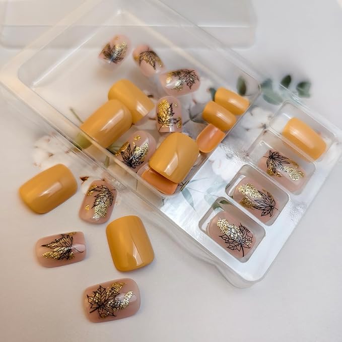 24Pcs Fall Press on Nails Short Square Fake Nails Black Hollow Maple Leaf Acrylic Nail Tip Glitter Full Cover Maple Leaves Thanksgiving Stick on Nail Autumn Winter Nails Press ons for Women Manicure