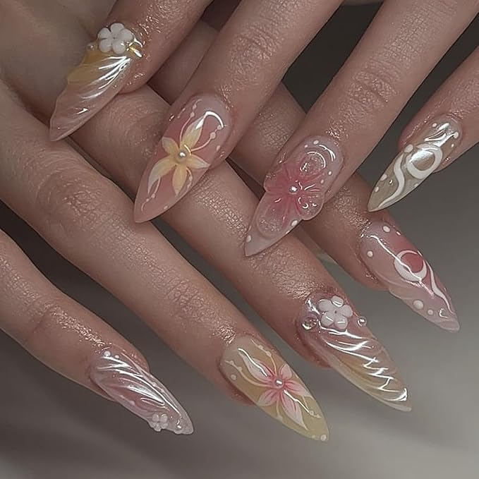 3D Handmade Spring & Summer Pink Press On Nails Almond Medium 24 Pcs, 3D Flowers Designer Reusable Acrylic Fake Nails with Glue, Party And Daily wear Nails for Women Gift