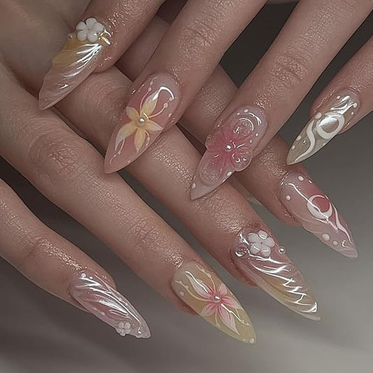 3D Handmade Spring & Summer Pink Press On Nails Almond Medium 24 Pcs, 3D Flowers Designer Reusable Acrylic Fake Nails with Glue, Party And Daily wear Nails for Women Gift