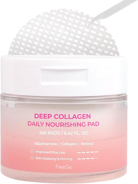 FreeGo Deep Collagen Daily Nourishing Pad (100 Pads), K-Beauty Facial Toner Pads for Dull and Coarse Skin, Instant Bouncy Skin Firming