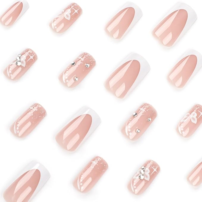 Hkanlre Medium Press on Nails Flower Fake Nails Tips Full Cover False Square French Nails for Women and Girls 24PCS