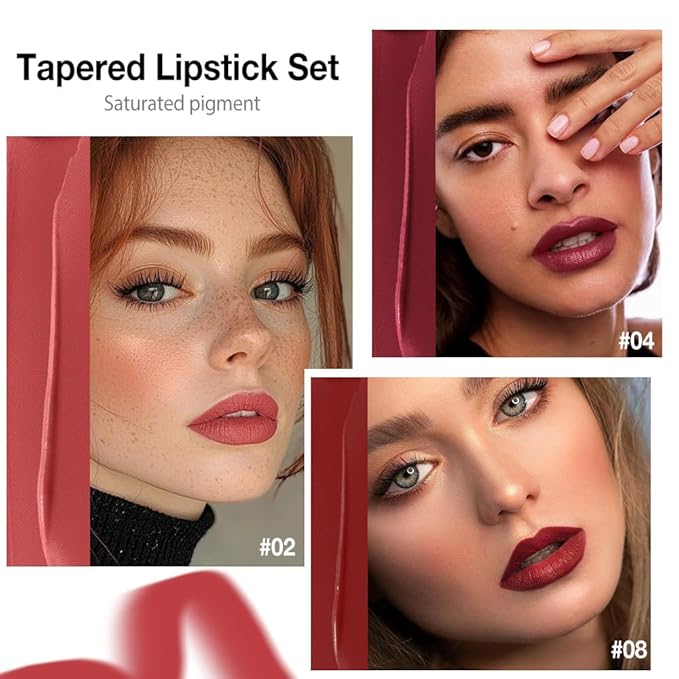 evpct 3Pcs Ruby Dark Red Maroon Gradient Matte Lipstick Lip Liner Combo Set for Older Women Long Lasting Waterproof, Lips Stick Crayon Cream Lip Liner Lipstick Combo Makeup, Flawless Ombre Effect