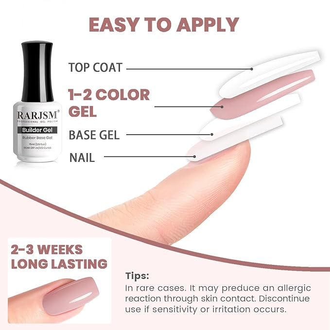 RARJSM Rubber Base Coat Gel Polish Nude Jelly Pink Skin Tone Rubber Base Gel for Nails Natural Nude Color French Manicure Extend Gel Soak Off Curing Requires Single Bottle 15ml Salon Home DIY Use