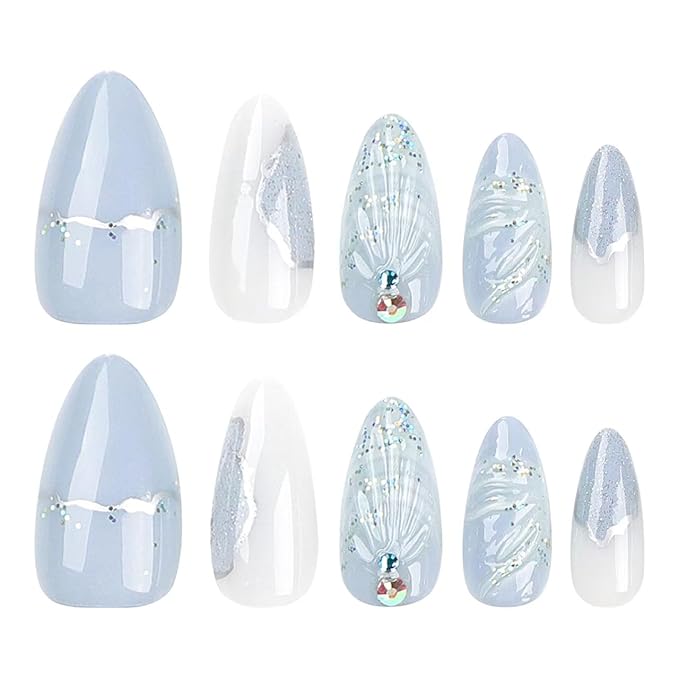 Ocean Shell Press on Nails Light Blue Fake Nails Medium Almond False Nails with Rhinestone Design Glossy Glue on Nails Artificial Acrylic Nail Glitter Stick on Nails for Women Summer Manicure 24Pcs