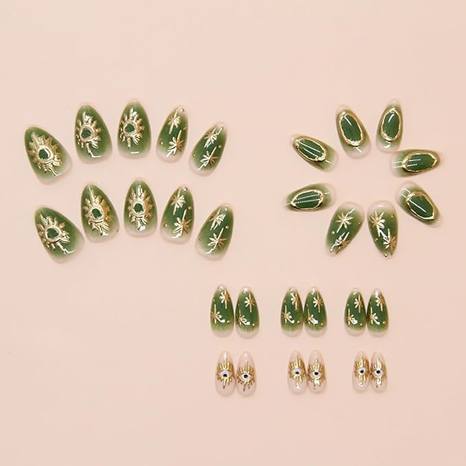 24Pcs Gold Chrome Press on Nails Short Almond Fake Nails with 3D Star Sun Eye Design Full Cover Glue on Nails Handmade False Nails Green Acrylic Nails Stick on Nails for Women Gothic Manicure Decor