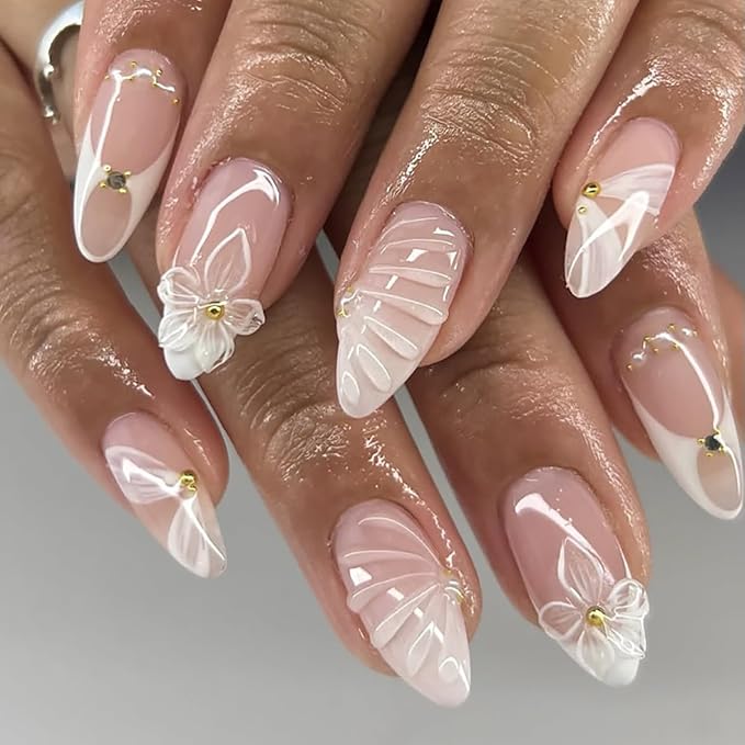 24Pcs White French Tip Press on Nails Medium Almond Fake Nails 3D Flower with Gold Rhinestones Design Ripple Pearl False Nails Nude Pink Full Cover Glue on Nail Ribbon Stick on Nails for Women