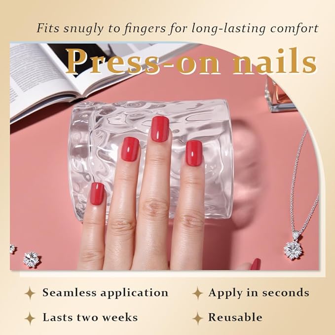 evpct Acrylic Red Glossy Press on Nails Short Square, Glossy Red Fake Nails Summer Reusable False Nail Stick Glue on Press ons for Women Gifts, Perfectly Fit Durable False Nail Kit with Gel Glue 30Pcs