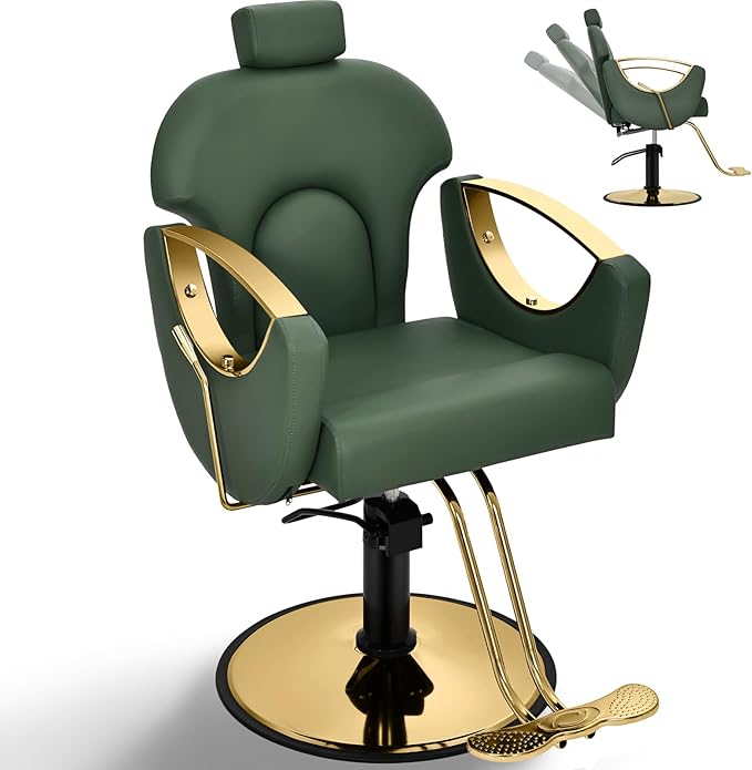 Salon Chair for Hair Stylist, 360° Swivel Reclining Barber Hair Styling Chair, Height Adjustable Spa Beauty Equipment for Home Barbershop, Green Gold