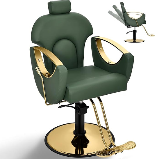 Salon Chair for Hair Stylist, 360° Swivel Reclining Barber Hair Styling Chair, Height Adjustable Spa Beauty Equipment for Home Barbershop, Green Gold