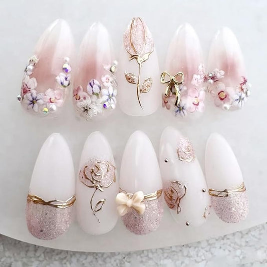 24Pcs Flower Press on Nails Almond Medium Charms Fake Nails with Rhinestones Design French Nails Gold Bow False Nails Full Cover Golden Rose Flower Stick on Nails DIY Manicure Daily Wear for Women