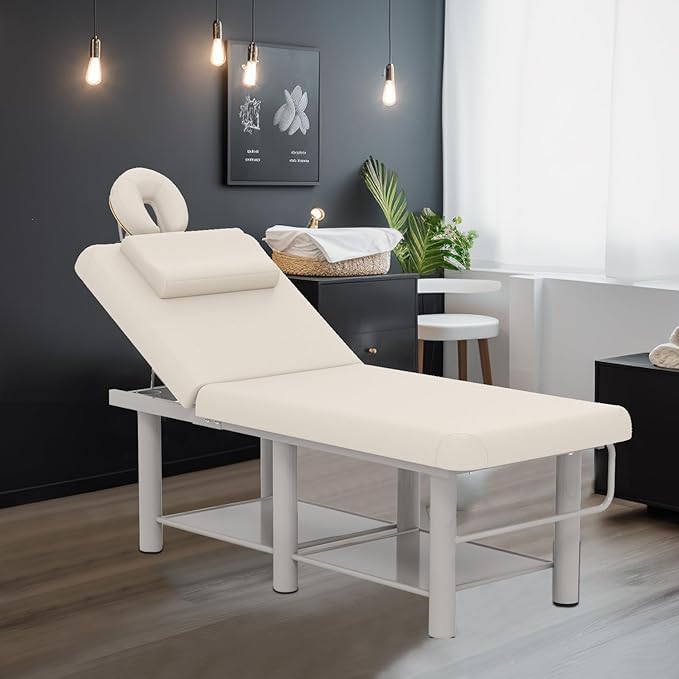 Heavy Duty Wide Stationary Massage Table Metal Frame PU Leather Spa Facial Professional Adjustable Massage Bed with Open-Chest & Headrest for Treatment Physical Therapy Tatoo Salon Equipment (Gray)