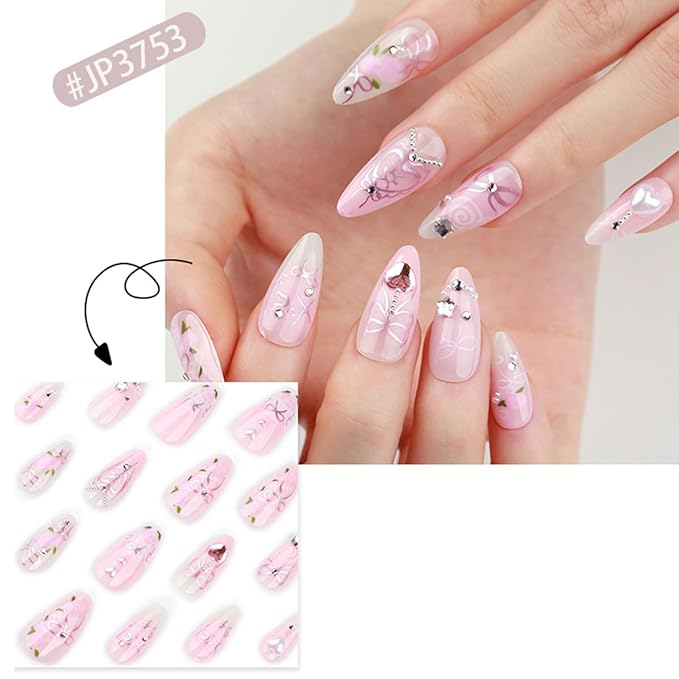 Pink Press on Nails Long Almond Fake Nails Rose Flower Bow with Pearl Design Star Rhinestone False Nails Gradient Stick on Nail Full Cover Acrylic Glue on Nail for Women DIY Salon Manicure Kit