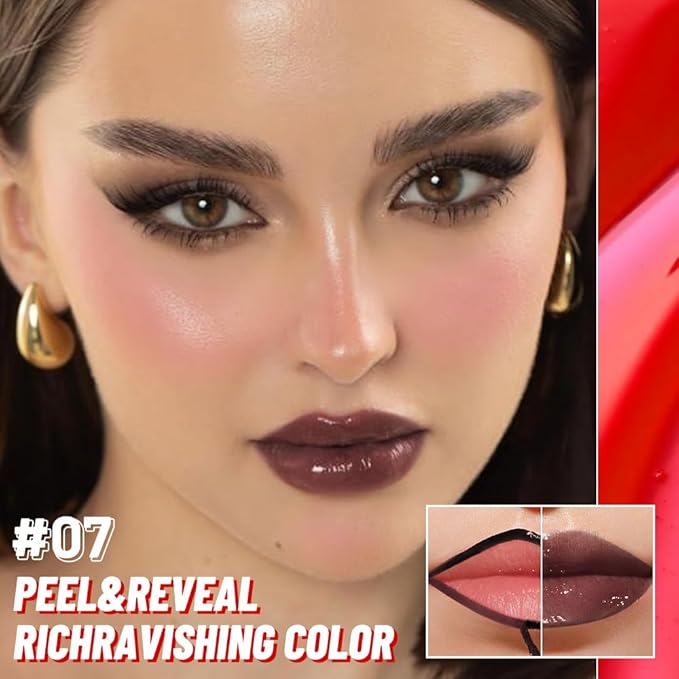Maroon Lip Stain Peel Off Lip Gloss oil Dual-Ended Combo, Lips Liner Stain Peel Off Tattoo, Long Lasting & Waterproof, Transfer-Proof Lip Tint Stain with Lip oil for All Skin Type 07#