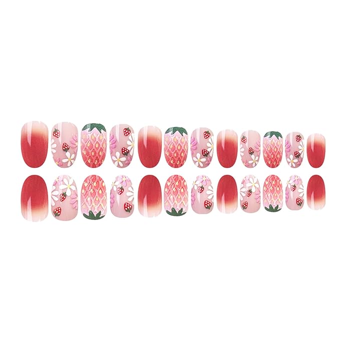 24pcs Flower Press on Nails Short Almond Fake Nails with 3D Strawberry Designs Cute Summer Fruit False Nails Kit Floral Stick on Nails Full Cover Acrylic Nails Glue on Nails for Women