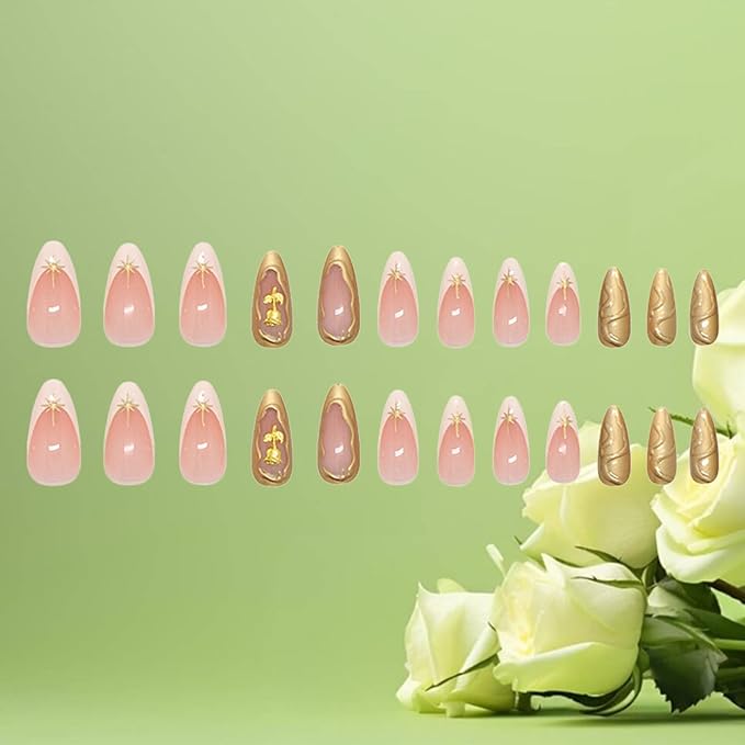 3D Rose Flower Press on Nails 24Pcs Stars Press ons Fingernails Curve Line Gel Glue on Acrylic Fake Nails Glossy Gold Medium Almond False Nail French Tips Stick on Nail for Holiday Manicure Art