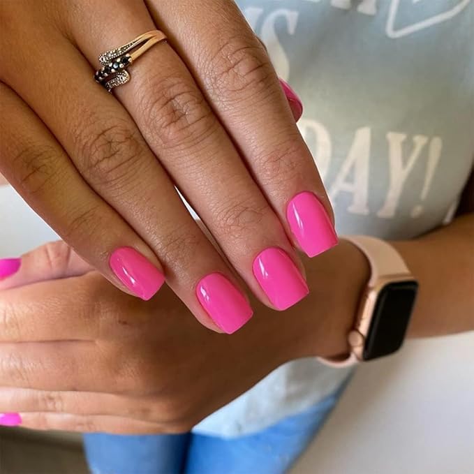 Hot Pink Press on Nails Short Square, KQueenest Gel Fake Nails Short Coffin Pure Bright Color Natural Petite Nails Kit Solid Stick on Nails Press on for Women Daily Office Manicure