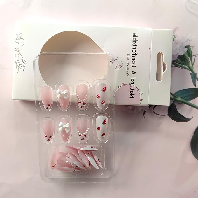 24Pcs French Tip Press on Nails Short Almond Fake Nails with Pearl Spring Glue on Nails Bow Charms False Nails Strawberry Acrylic Nails Cute Stick on Nails Fruit Full Cover Artificial Nails for Women