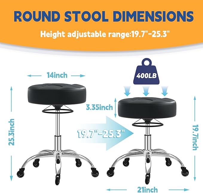YEEZEE Heavy Duty 400lb Rolling Stool: Super Soft Leather Seat Cushion, 360 Swivel, Height Adjustable, No Squeak, No Tip Over, Salon & Spa Stool (Black)