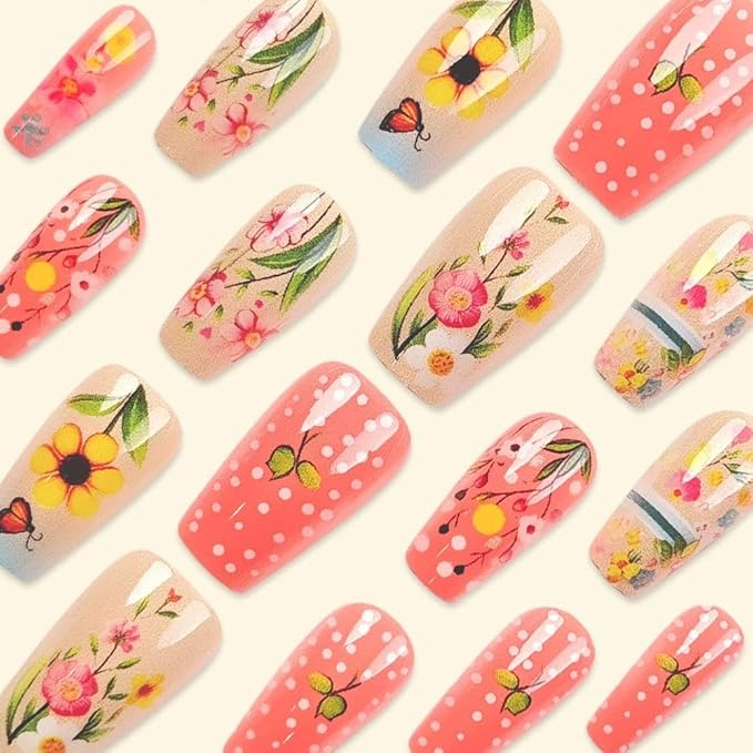 Medium Coffin Press on Nails with Flower Design Cute False Nails Pink Fake Nails Gift for Women 24pcs Kit