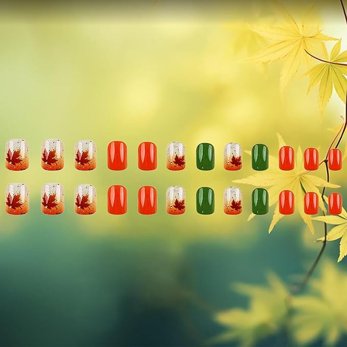 24Pcs Maple Leaf Press on Nails Thanksgiving Short Square False Nails Glossy Gold Foil Acrylic Fake Nail Fall Leaves Stick on Fingernails Autumn Orange Gradient Gel Glue on Nail for Coquette Women