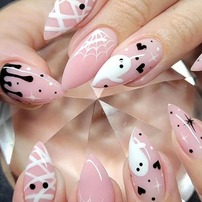 24Pcs Halloween Press on Nails Medium Almond Fake Nails with White Spider Web Mummy Heart Design Cute Ghost False Nails Nude Full Cover Artificial Glue on Nails Black Blood Stick on Nail for Women