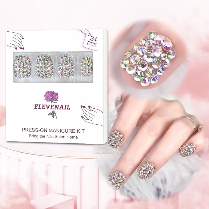 24pcs Handmade 3D Rhinestones Press On Nails Square Short Nails Women Girls Gifts Salon Manicure Shiny Crystal Nail Art Tips Fake Nails Reusable Acrylic False Nails