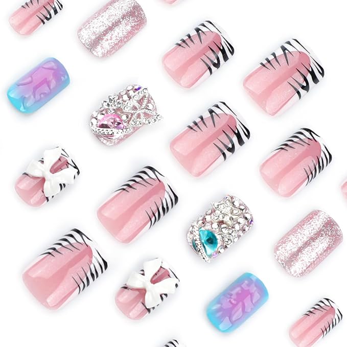 24Pcs Rhinestones Press on Nails Short Square Fake Nails with 3D Silver Butterfly Design Colorful Rhinestones Glue on Nails Cute Bow False Nails French Tip Press ons Stick on Nails for Women Girls