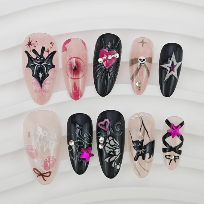 24Pcs Goth Press on Nails Medium Almond Fake Nails Bow Bat Cat with Rhinestones Glitter Design Full Cover Black Pink Stick on Nails Artificial Y2k Nails Halloween False Nails for Women Acrylic Nails