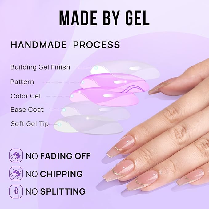 BTArtbox Press on Nails Long - Rose Gold Outline Designed French Tip Press on Nails, Coffin Glue On Nails, Reusable Soft Gel Stick On Nails with Nail Glue in 15 Sizes, Gilded French