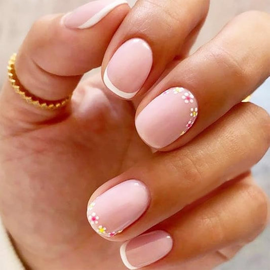 Short Press on Nails Square Fake Nails Natural Flower Glue on Nails Full Cover Nude Acrylic Nails with Spring Summer Design White French Tip False Nails for Women Girls DIY Manicure 24 Pcs