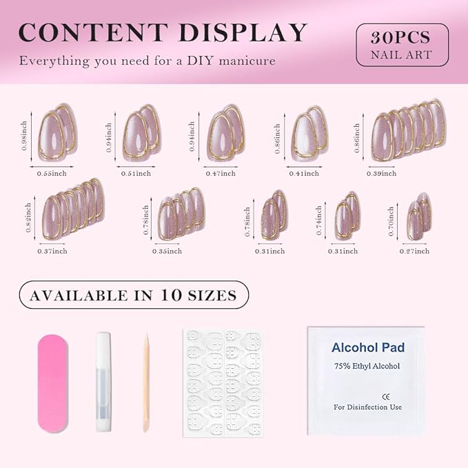 3D Gold Line French Tips Press On Nails Medium Almond, Gold French Tip Cat Eye Press-On Nails, Designer Reusable Acrylic Fake Nail With Glue On Nails, Nails Press Ons False Nails For Women