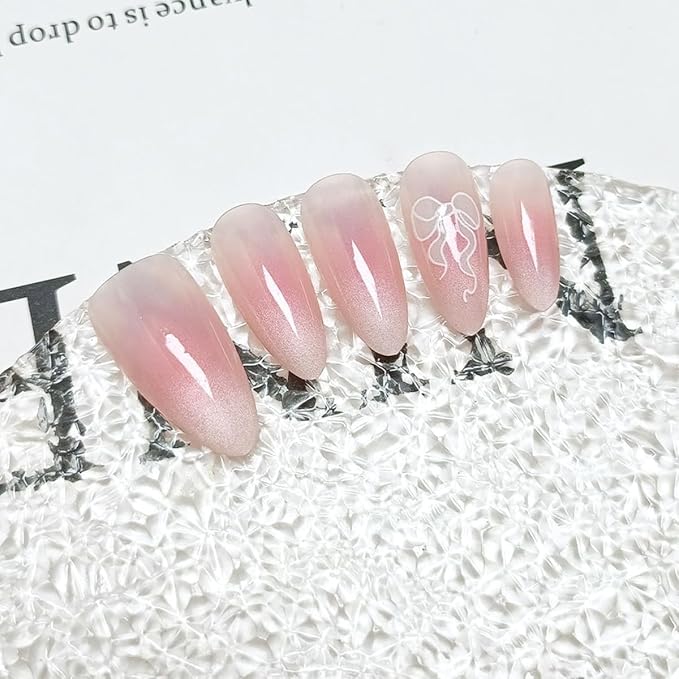 20Pcs Cute Bow Press On Nails Almond Shaped French Tip Fake Nail Nude Pink Glue on Nails White Bows Design Medium Full Cover False Nail Cute Acrylic Nails for Women Daily Wear