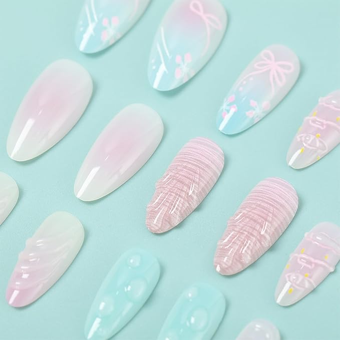 24pcs Cute Press on Nails Medium Almond Fake Nails with 3D Designs Summer False Nails Kit Flower Glue on Nails Bow Acrylic Nails Gradient Full Cover Stick on Nails for Women Beach Nail Decoration