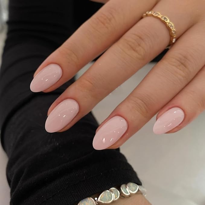 Dusty Pink Press on Nails Short Almond Fake Nails Press ons, Thick Solid Color Glue on False Nails, Natural Acrylic Gel Short Almond Nail Oval Round Shaped Nail for Women, 24Pcs