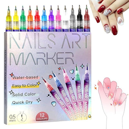 12 Color Nail Art Pens, 2026 New 0.5 MM Nail Polish Pens Set Drawing Painting Point Liner Acrylic Painted Pen Kit, Waterproof and Quick-drying Nail for DIY Nails Art Design ((1 set) 12 Color)